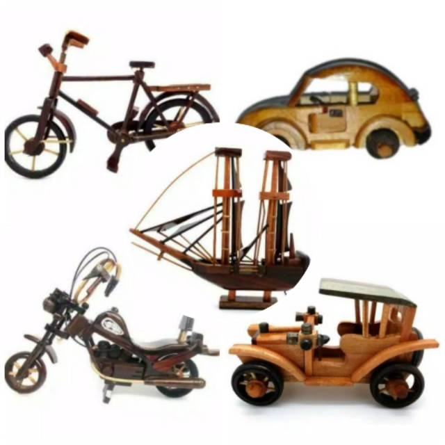 PAKET HEMAT PAJANGAN MINIATUR KAYU KODE 3 ISI 5 PCS KAPAL SEPEDA HARLEY MOBIL ANTIK KODOK