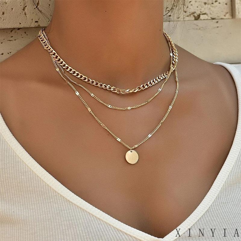 Xia.id Kalung Rantai Pendek Multi layer Liontin Bulat Kecil Hias Kristal Untuk Pria / Wanita