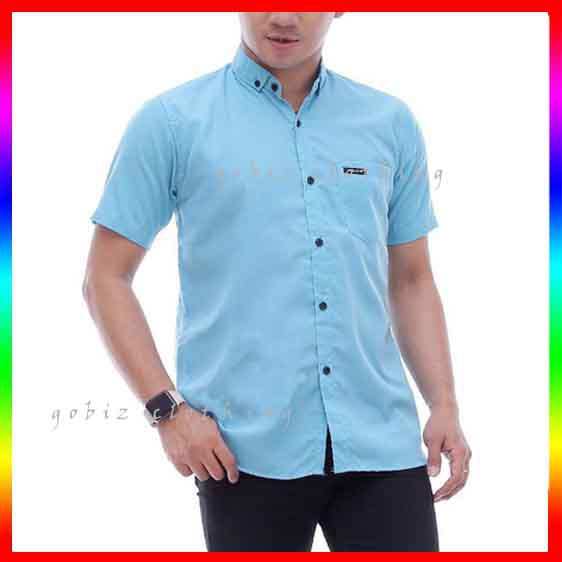 Baju Kemeja Pria Lengan Pendek Polos Biru Muda Katun Premium Distro Hem Baju Pria Soft Blue Kasual