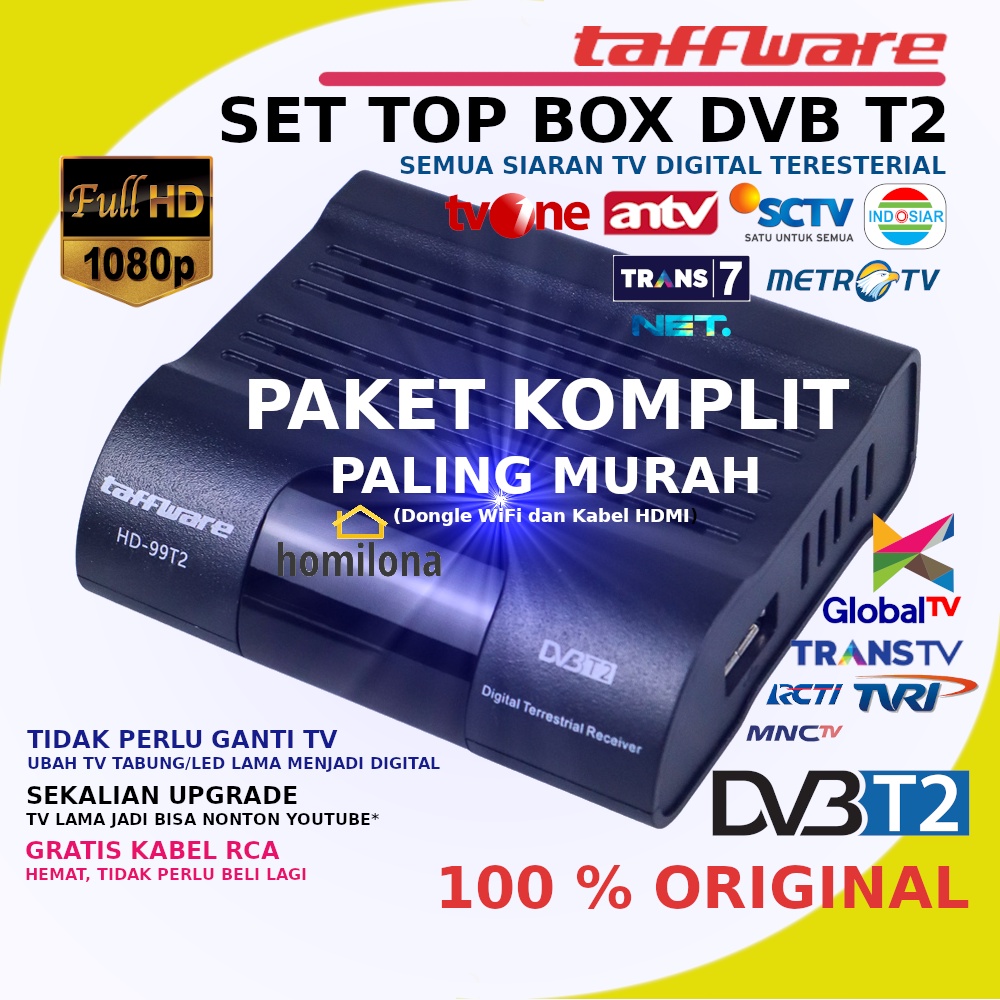 Taffware Set Top Box TV Digital Paket Lengkap Free Kabel RCA Decoder Receiver Tuner Alat Penerima Siaran STB Tabung LED Bundling Komplit Bisa WiFi YouTube