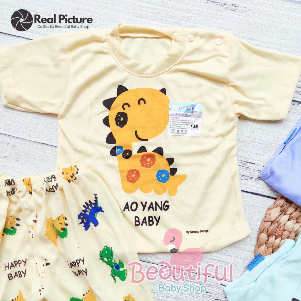 Setelan Baju Bayi Lengan Pendek Celana Pendek SNI 3-12 Bulan Motif Dino / Baju Bayi Pendek / Setelan Harian Bayi Merk Kazuka / Kaos Oblong Bayi &amp; Anak Kancing Pundak / Baby.ou