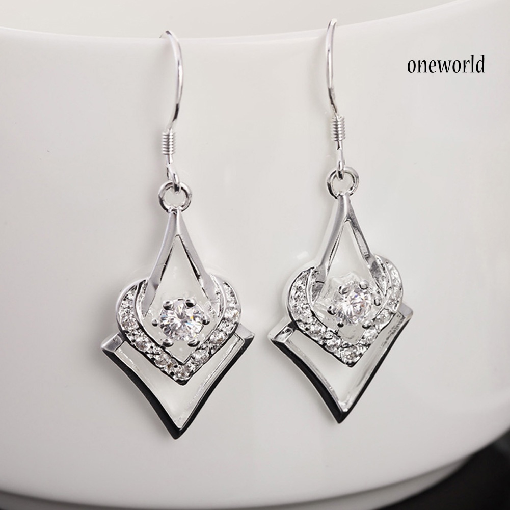 OW@ Women Silver Plated Hook Dangle Earrings Square with Zircon Heart Eardrops