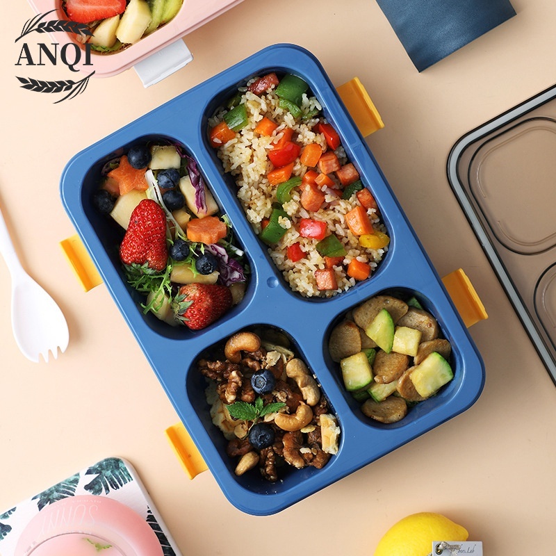 ANQI 1888 Kotak makan 3/4 Grid Lunch Box/Tempat Makan Dan free Sendok/Anti bocor 850ml/1300ml