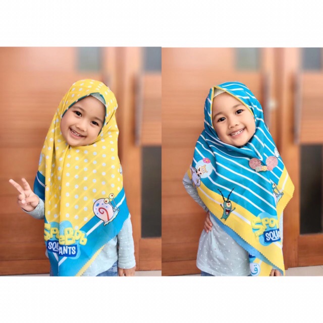 VOAL PRINTING MOTIF SPONGEBOB / HIJAB ANAK KARAKTER SPONGEBOB / JILBAB ANAK LUCU