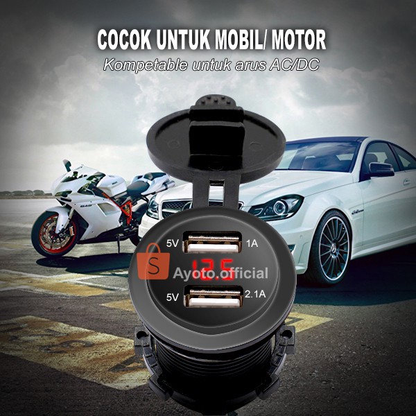 Charger Motor Mobil AYOTO Dual USB Voltmeter LED Digital Waterproof