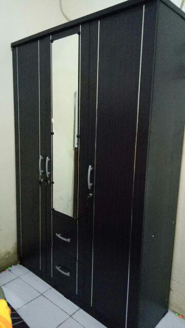 Lemari Pakaian 3 Pintu Tarik Hitam Dengan Cermin Dan Laci - Lunar Lpt 316 P