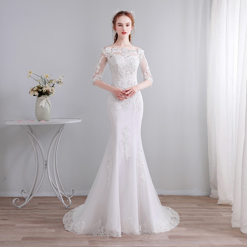 Putih Sabrina Mermaid Wedding Dress Gaun Pengantin Renda Putri Duyung Fishtail Bridal Dress