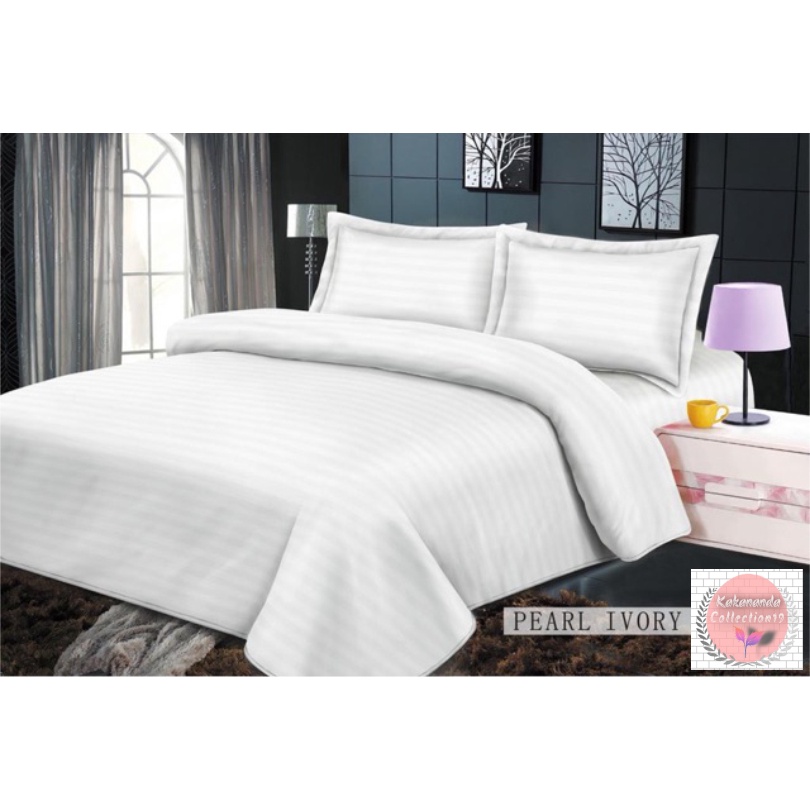 [ BEDCOVER SET ] Bedcover+sprei + Sarban Sargul Motif Garis Putih Salur Ukuran 90 x 200,120 x 200, s