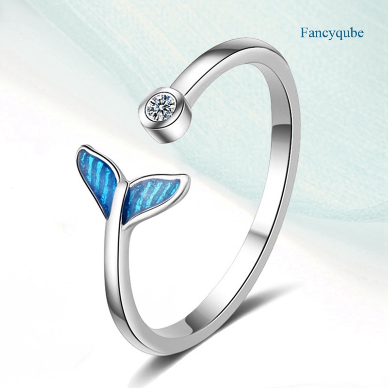 Fancyqube Cincin Bentuk Ekor Ikan Paus Warna Silver Biru Bahan Cubic Zircon Untuk Hadiah