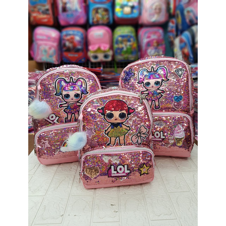 Tas Sekolah Anak SD dan TK Paud Model Sequin Usap Gambar Unicorn LOL Frozen Tas Ransel Anak SD TK PG Perempuan Free Pompom