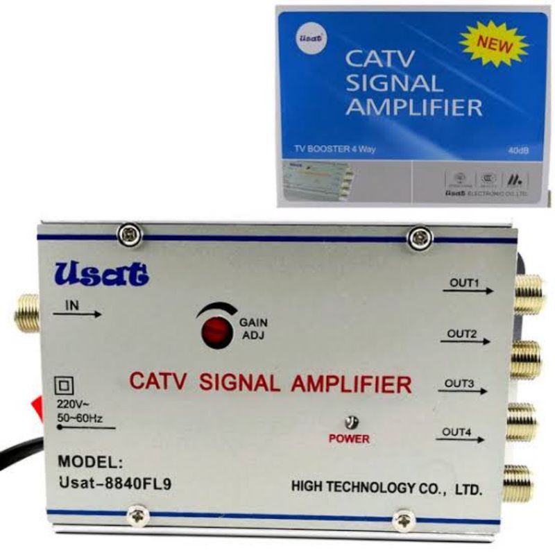 Booster + splitter penjernih penguat sinyal tv 4 way 40db