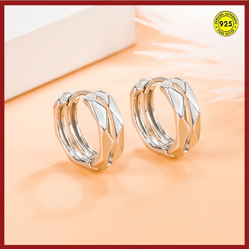 Anting Klip Bentuk Lingkaran Geometris Bahan Sterling Silver Aksen Berlian Gaya Retro Untuk Pria Dan Wanita