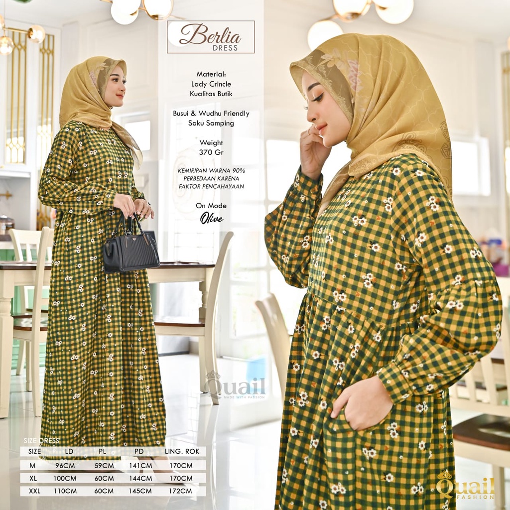 Berlia Dress Original Quail Hijab Wanita Lady Crinkle Kualitas Butik Busui dan Wudhu Frienly Bersaku