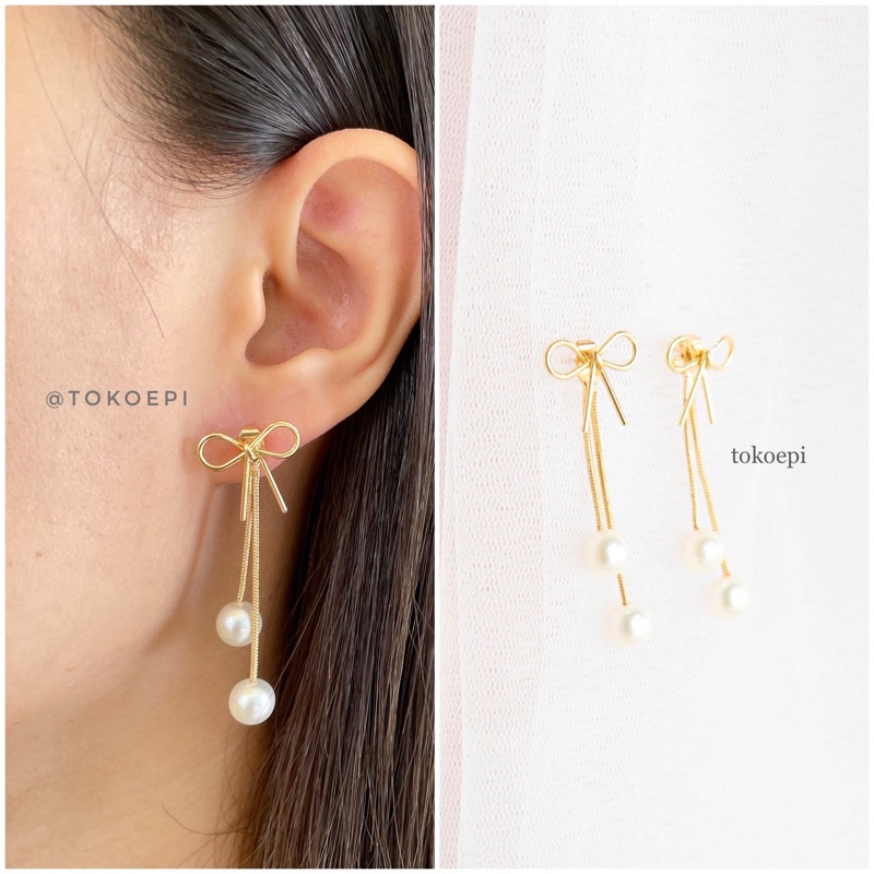 anting tusuk pita gantungan panjang mutiara / anting panjang korean style elegant dan simple