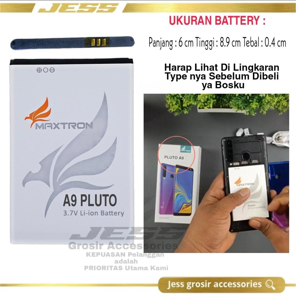 Baterai Original Maxtron A9 PLUTO , Maxtron S8 Galaxy , M8 ukuran Battery P 6.0 cm T 8.9 cm L 0.4 cm