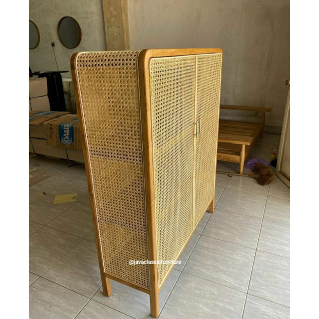 ALMARI LEMARI PAKAIAN ROTAN PINTU 2 CUSTOM RETRO MINIMALIS VINTAGE UNIK BAHAN KAYU JATI FINISHING NATURAL BLEACHING FURNITURE JEPARA-4