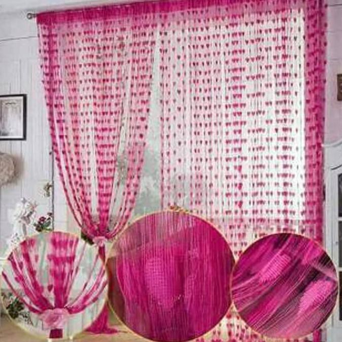 Tirai Benang Love / Tirai Benang Motif Hati / Tirai Pintu Jendela Love - Pink Muda