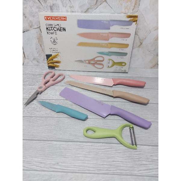 Pisau Set 6 In 1 Stainless Anti Lengket Evcriverh Knife Set 6 Warna