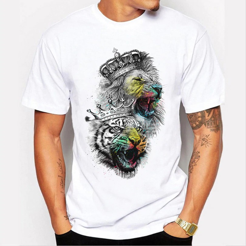Men Tops 2019 Summer Crown Lion 3D White Men's T-shirt Fashion Animal Print T-Shirt Men