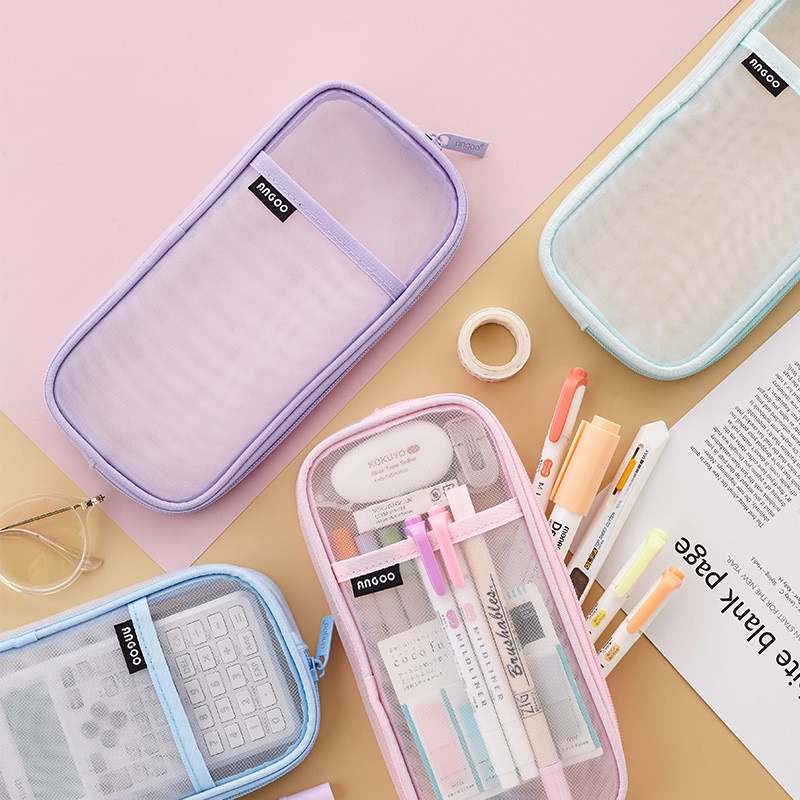 

1PC Transparent Mesh Pencil Case Pen Bag Simple Solid Color Stationery Storage Bag Pouch Organizer f