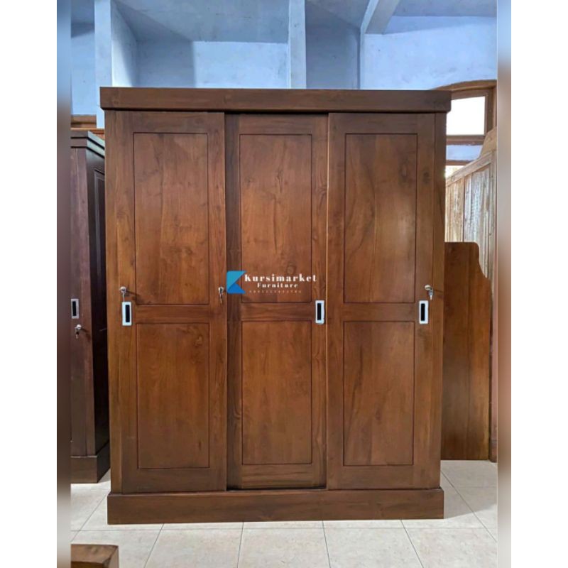 Lemari pintu 3 sliding jati murah almari pakaian jati termurah jepara lemari jati sliding minimalis