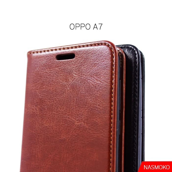 Oppo A7 Flip Cover Wallet Leather  (Casing Original)