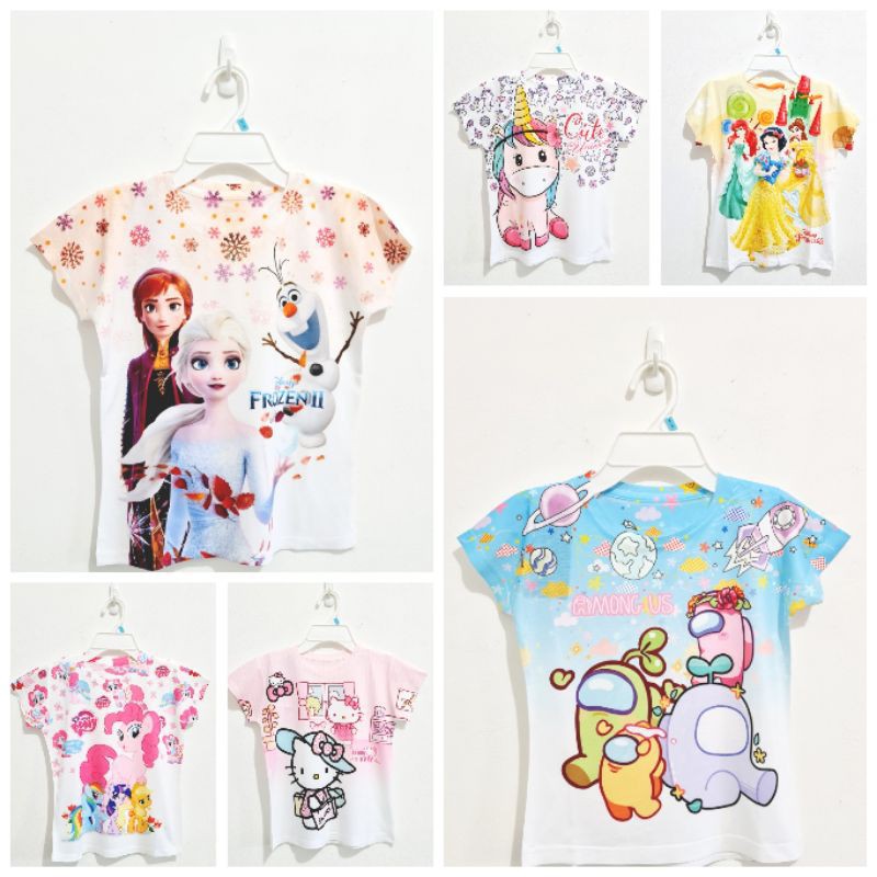 Kaos Anak Perempuan Printing Frozen Unicorn Princess Among Us Hello Kitty Little Pony