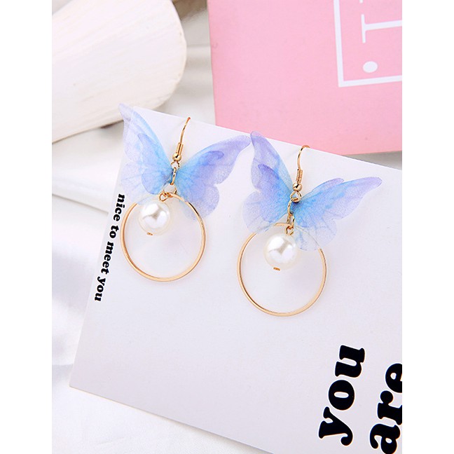 LRC Anting Gantung Fashion Short Earrings S925 Sterling Silver Gauze Butterfly Pearl Earrings D03314