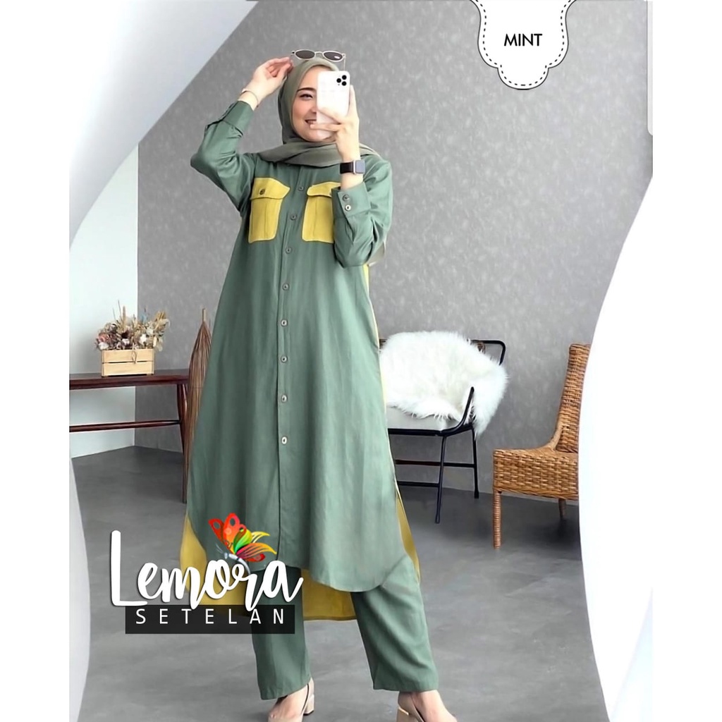 Sage Green - Setelan Tunik Wanita Kekinian Terbaru 2022 Set Tunik LEMORA Set Baju Import Fashion Mus