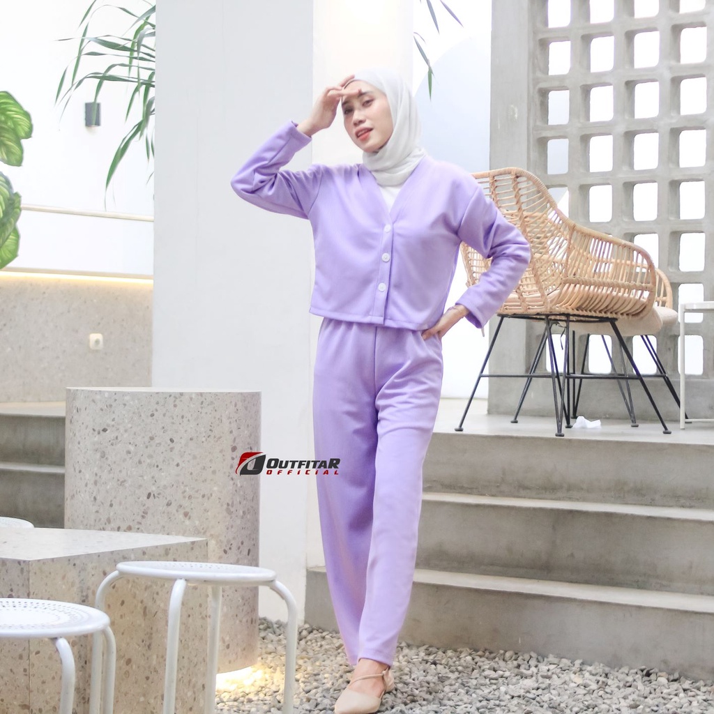 Setelan Wanita Crop dan Celana Kulot Set Casey Premium Knit (Cardi+Pants)