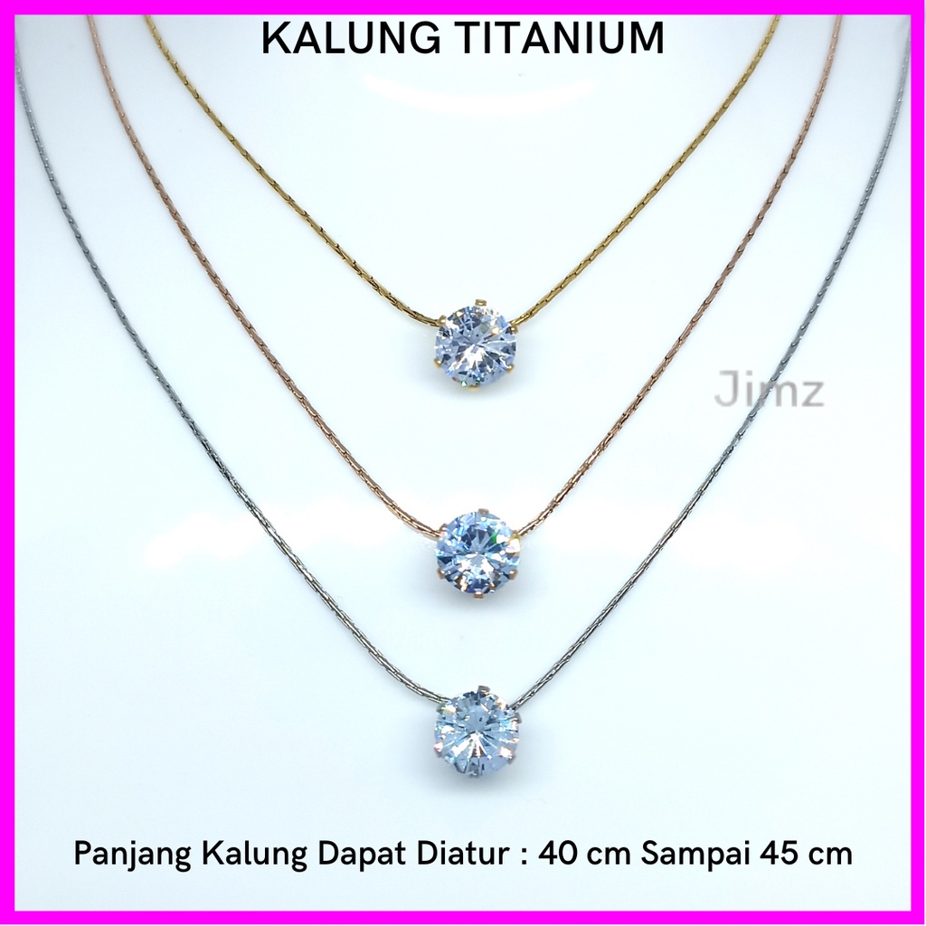 kalung Titanium asli mata 1 permata zircon anti karat selamanya uk45Cm