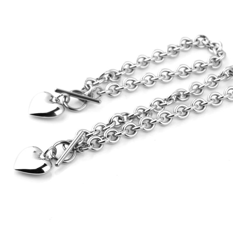 SIY  1Set Women Ladies Stainless Steel Chain Heart Shaped Toggle Bracelet Pendant Necklace for Jewelry Gifts Decor