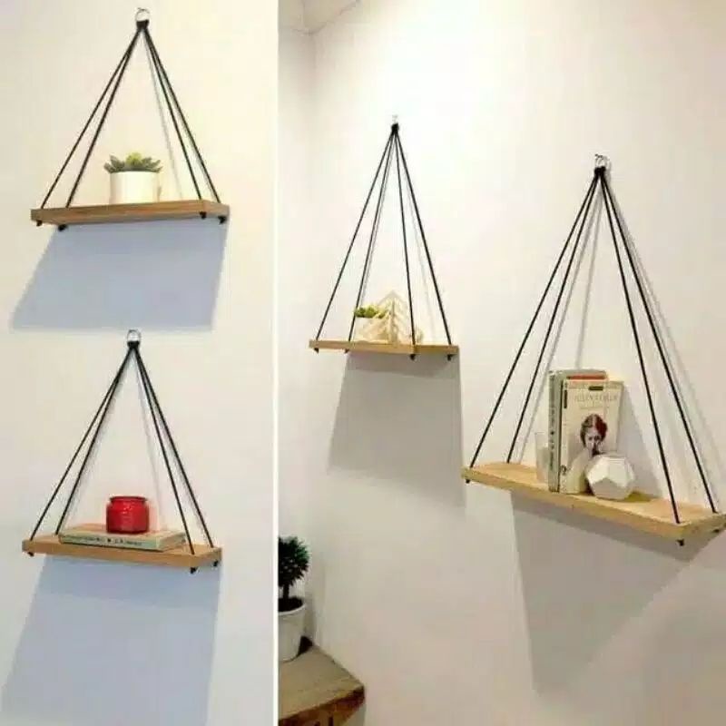 Rak dinding tali rak ambalan macrame gantung tali rak tali kur rak minimalis gantung kayu jati belan