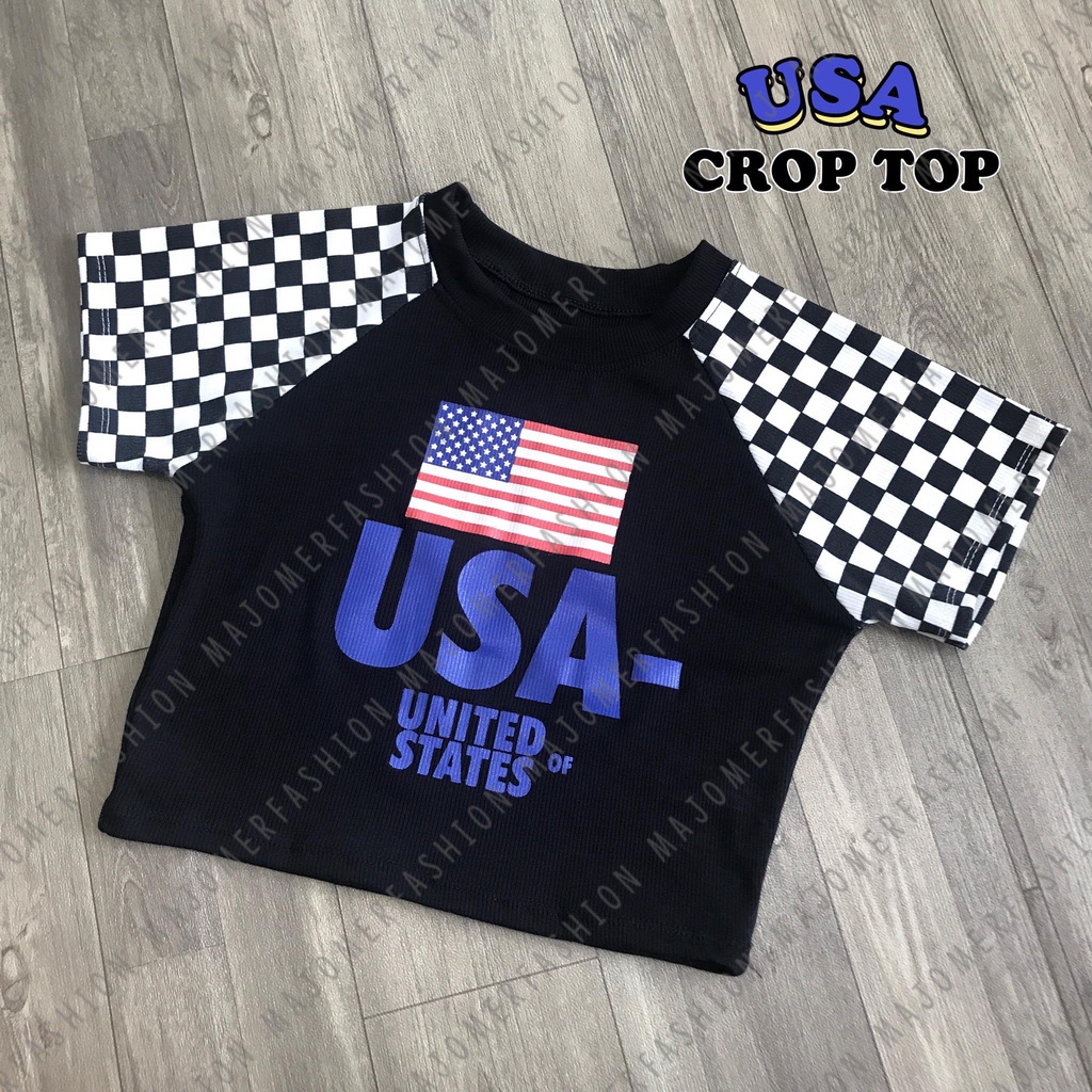 BEFAST - ZEC OOTD Wanita Kaos Crop Top KIYA / USA Catur Crop Top RIB / Atasan Kaos Wanita / Tshirt Lengan Pendek / Kaos Kekinian Remaja Wanita / Crop Top Trendy / Kaos Terbaru 2022 / OOTD Ala Korea Style