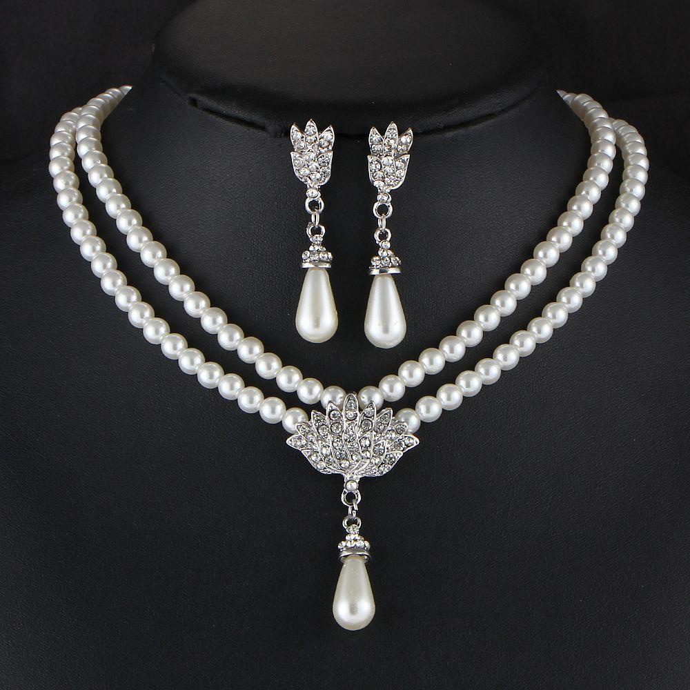 Set Kalung Choker Hias Liontin Mutiara Kristal Untuk Aksesoris Gaun Pengantin