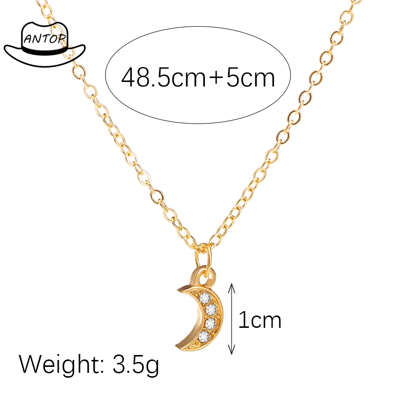 Antop！Moon Pendant Necklace Rhinestone Jewelry Dengan Rantai Pendek Klavikula Kalung Berlian Chain
