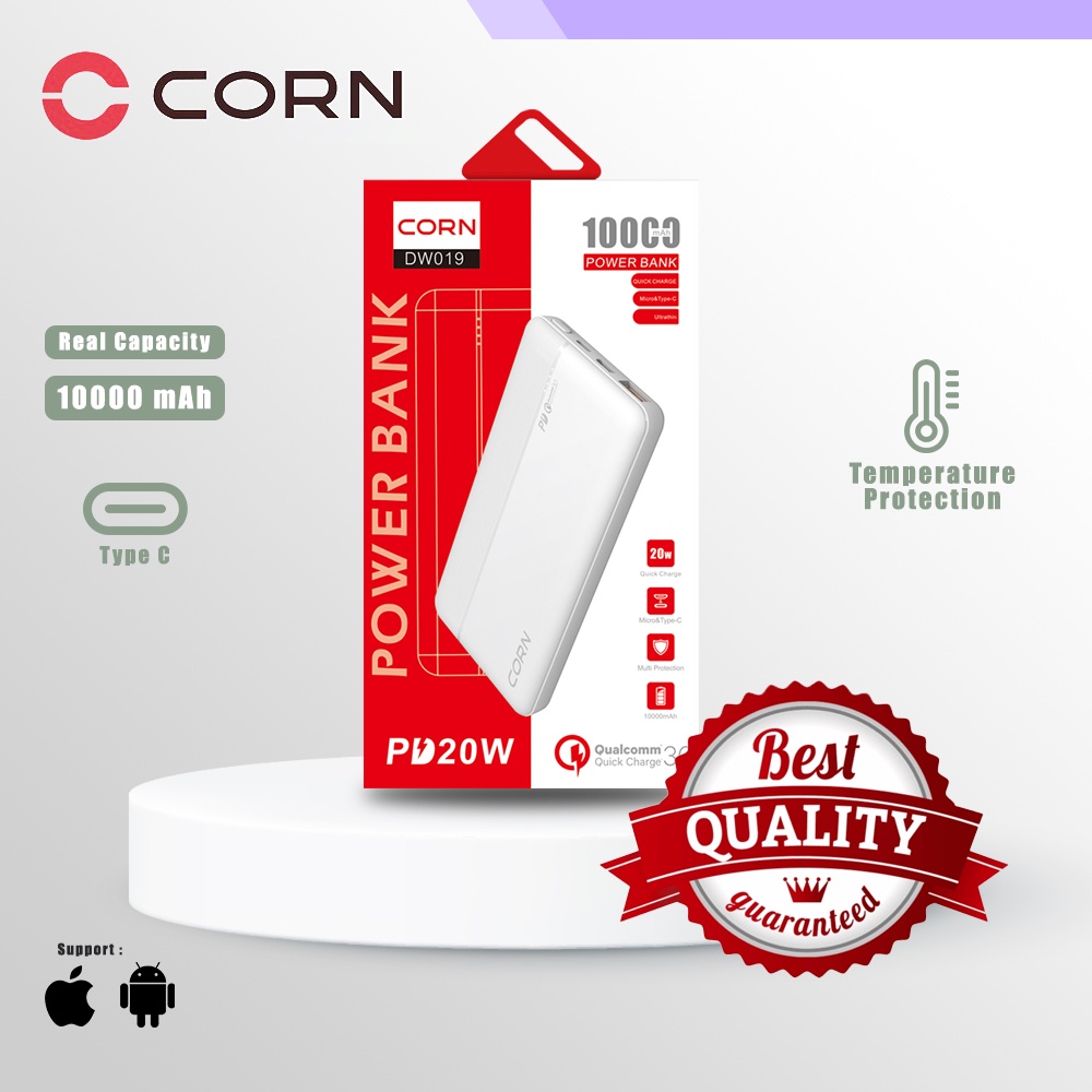 CORN DW019 Bank Daya 20W 10000mAh Powerbank Pengisian Cepat Ultra Tipis Ultrathin Body Dual Input Port Type C &amp; Micro USB Quick Charge 3.0 Fast Charging Real Capacity -Garansi Resmi 1 Tahun