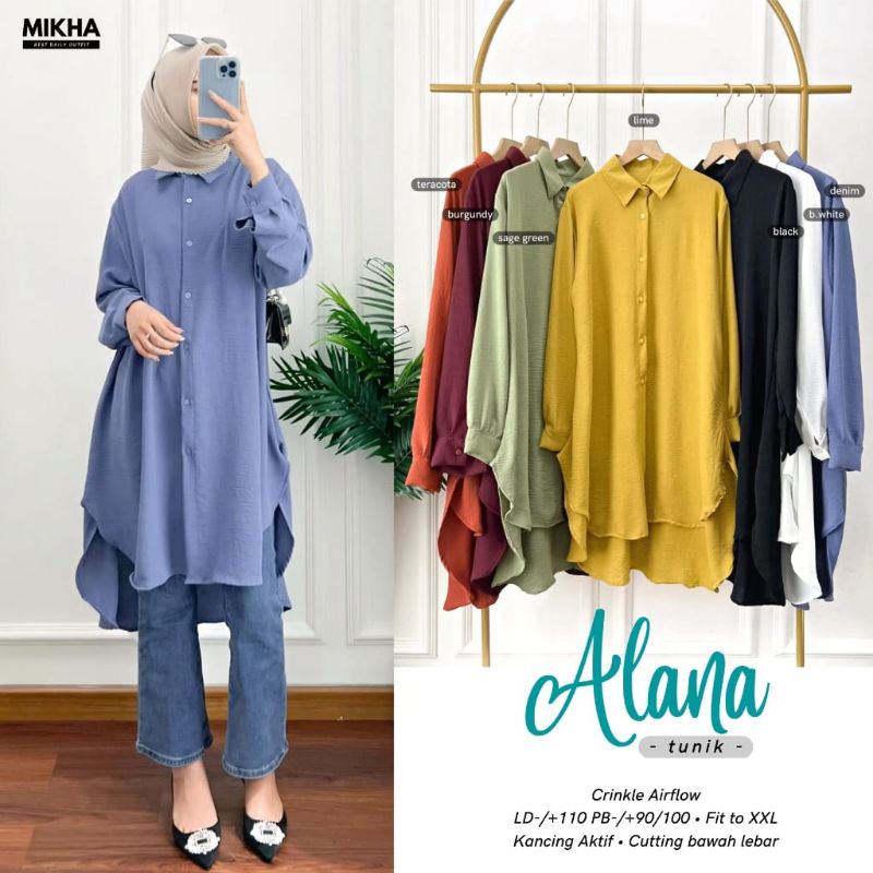 ALANA TUNIK / TUNIK POLOS CRINCLE AIRFLOW / LONG TUNIK WANITA / LONG TUNIK POLOS BAHAN CRINCLE