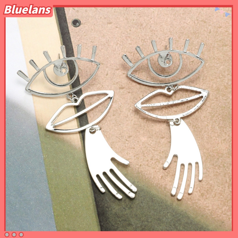 Anting Stud Panjang Desain Mata Bibir Tangan Model Hollow Gaya Punk Untuk Wanita