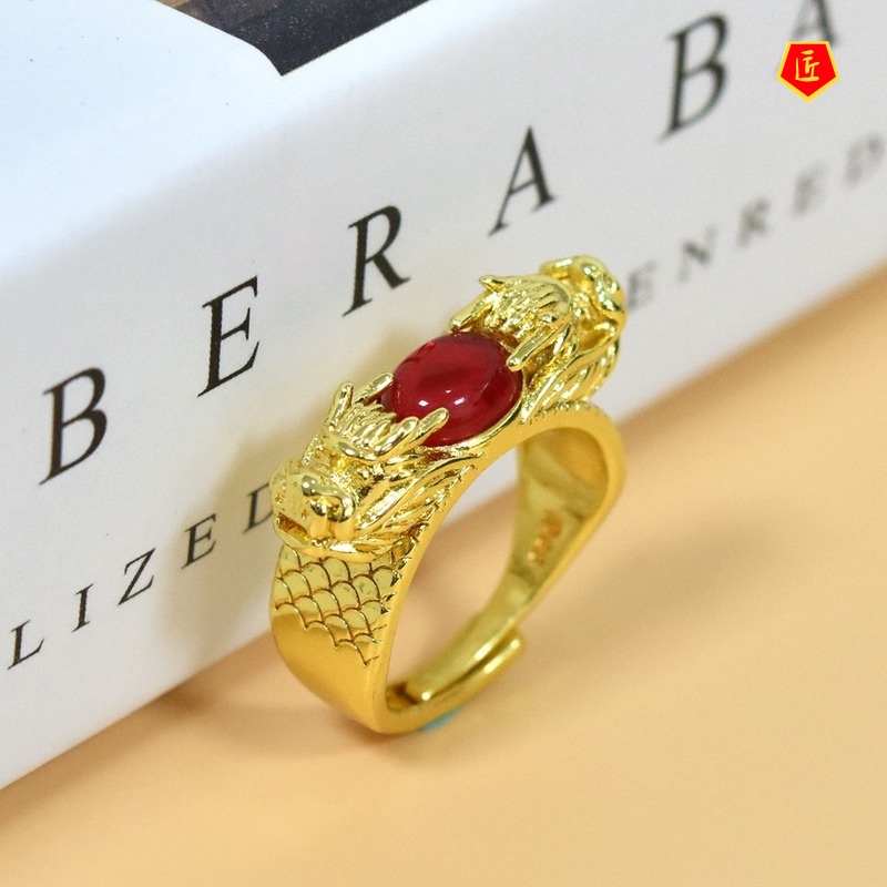 [Ready Stock]Gold Inlaid with Jade Gem Two Dragons Open Ring