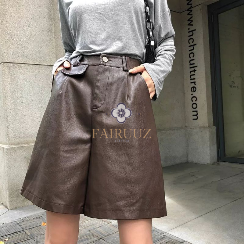 Celana Kulot/ Celana Longgar/ Celana Pendek Oversize/ Celana Pendek Kulit PU untuk Wanita Celana Pen