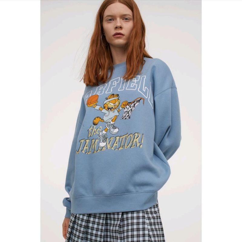 Crewneck Sweater Hnm Garfield The Jaminator Biru H&amp;M Blue Wanita Cewek Pria Free Paper Bag