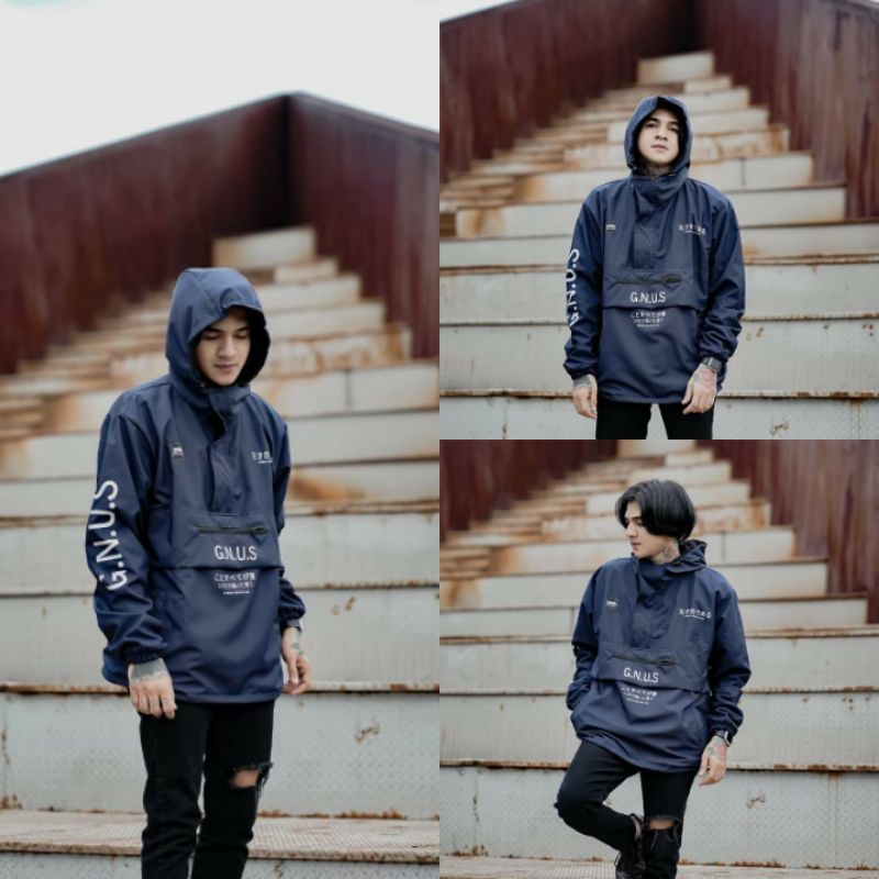 Jaket pria IKC 002 distro cbr Bandung hoodie dua sisi bolak balik keren grosir jaket cagoule erigo Jaket Pria Parasut Anti Air-CG Navy Full