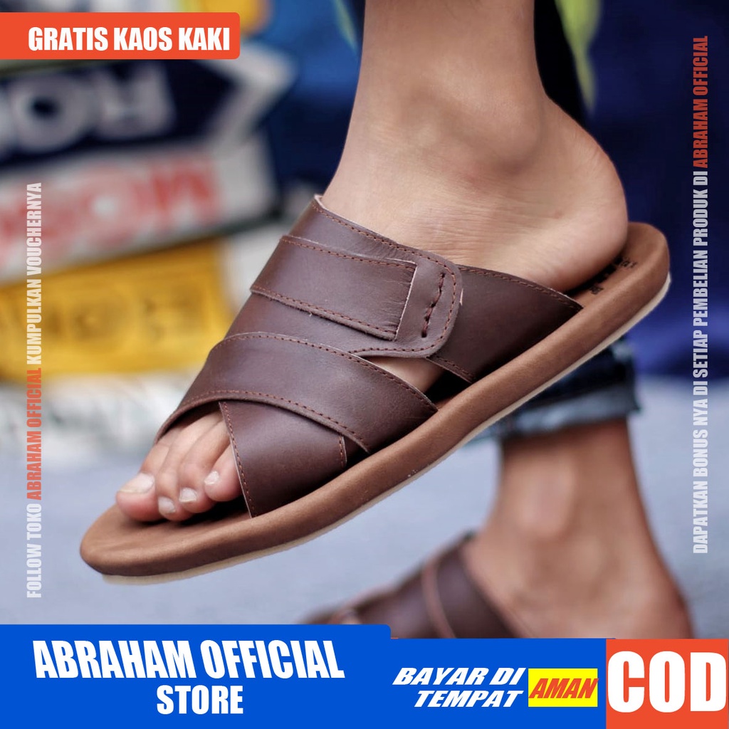 ABRHM X EXO Sandal Slide Pria Kulit Asli Sandal Slop Pria Keren Sandal Selop Cowok Cowo Kekinian Ori