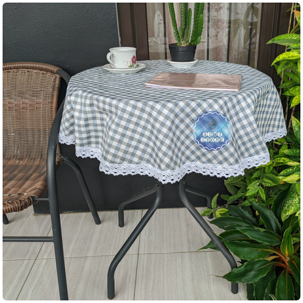 Taplak MEJA BULAT Keliling RENDA Rajut Motif Kain Kotak-Kotak Gingham Estetik Kekinian Ala Korea Ismi Store