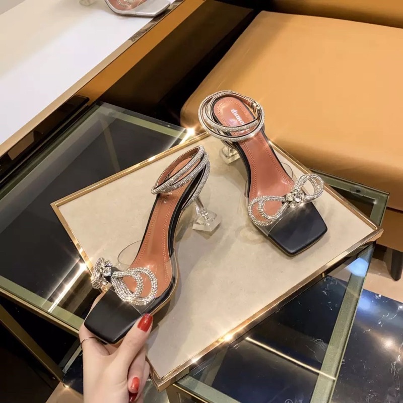 Sepatu Nyaman untuk Wanita Sandal Mewah Gesper Ujung Terbuka Hak Tinggi Mode Plastik Peep Warna-warn