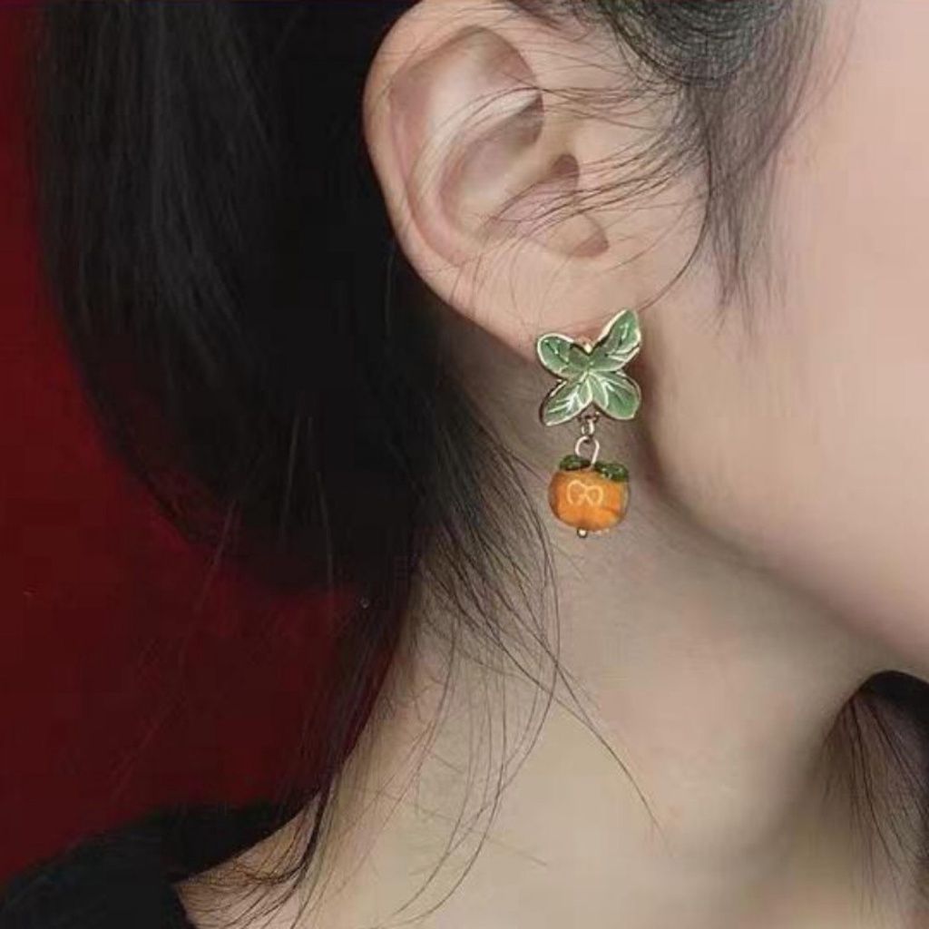 Hu Hu Hu Hu Hu Alat Bantu Pasang Kacamata♡ 1 Pasang Anting Tusuk Gantung Desain Buah Kesimmon Bahan Kaca Untuk Wanita