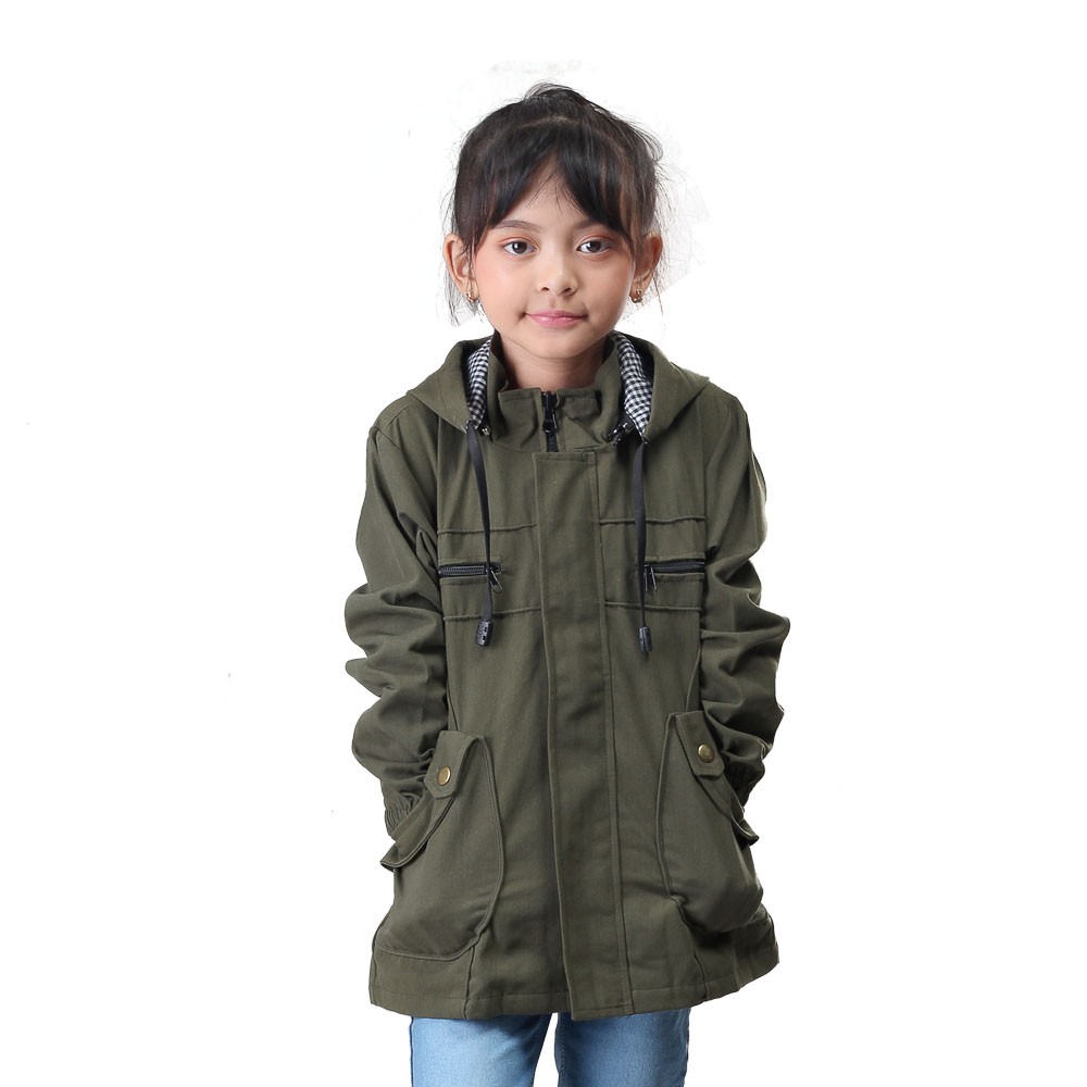 Jaket Anak Perempuan Canvas Hoodie Hijau Olive Army Size 6 8 10 tahun Original Branded Infikids-1
