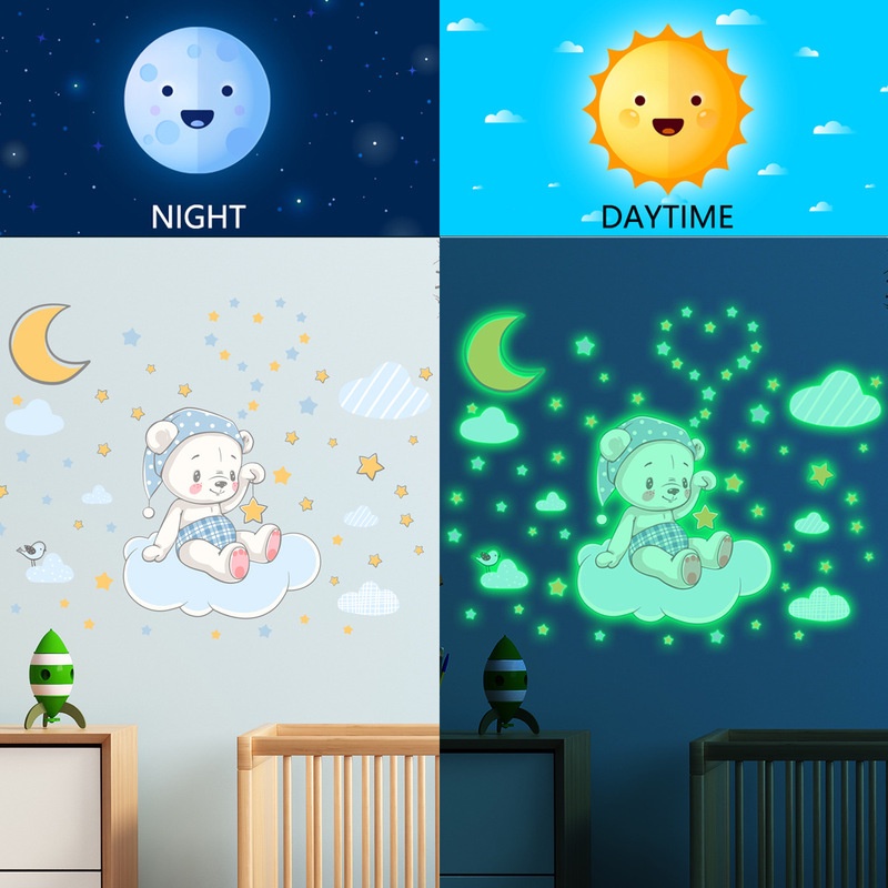 1 Set Stiker Dinding Desain Kartun Bayi Beruang Gajah Bulan Luminous Glow In The Dark Untuk Dekorasi Kamar Anak