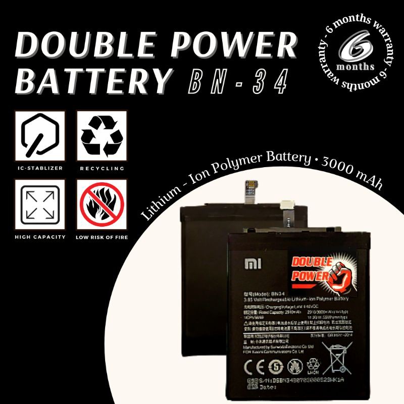 BATTERY DOUBLE POWER XIAOMI BN34 REDMI 5A 3000mAh